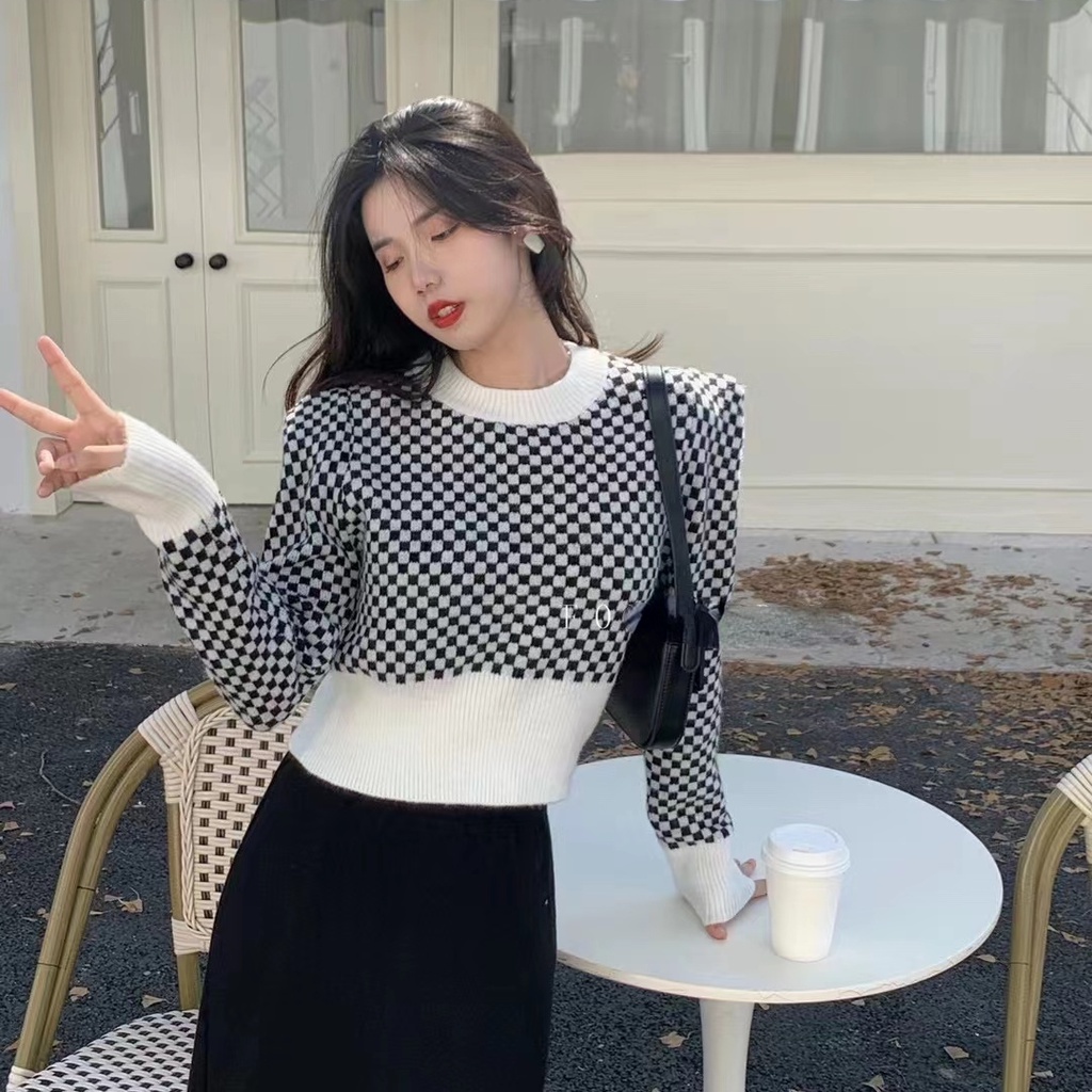 Porozi  Áo sweater dệt kim  tay dài cổ tròn phong cách Hàn Quốc thời trang cho nữ