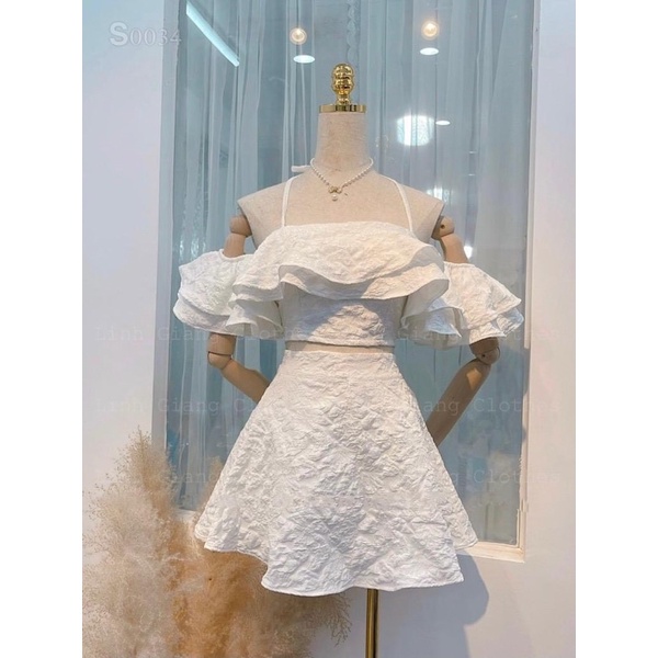 SET ÁO GẤM TRỄ VAI BÈO TẦNG CROPTOP + CHÂN VÁY LÓT QUẦN