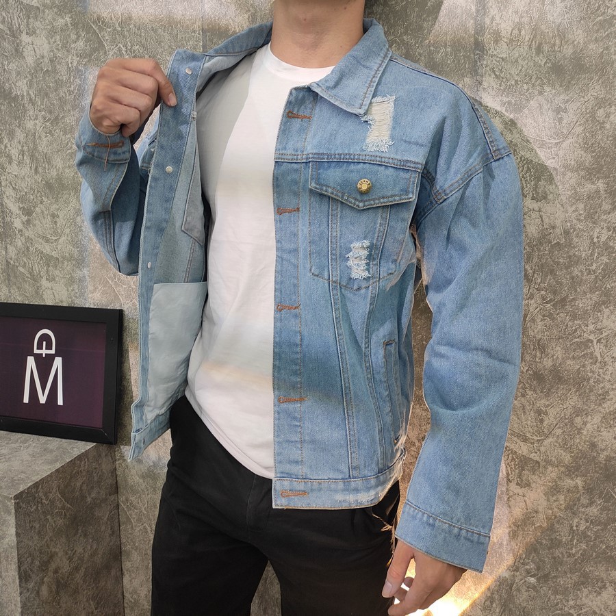 [Mã FAMALLT5 giảm 15% đơn 150K] Áo khoác jeans nam xanh cào rách A356 MĐ