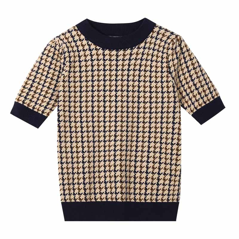 Áo Len Tay Ngắn Dáng Ôm Họa Tiết Houndstooth Phong Cách Hàn Quốc Thời Trang Cho Nữ