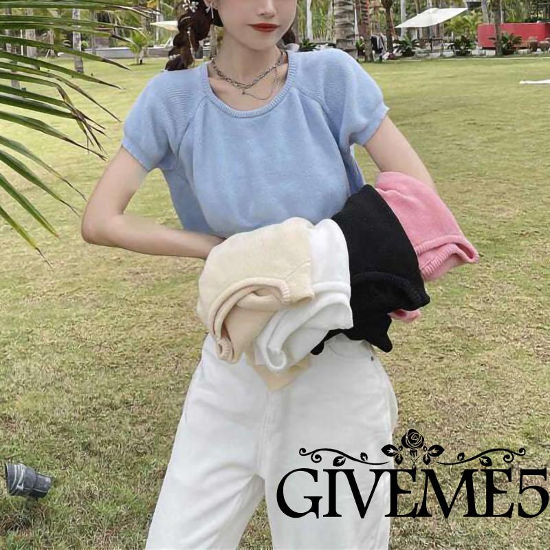Áo Croptop Dệt Kim Tay Ngắn Cổ Tròn Màu Trơn Dáng Rộng Thời Trang Cho Nữ