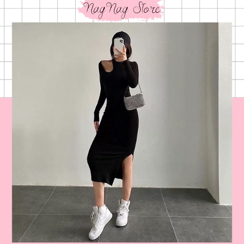 Váy body khoét vai form dáng dài ôm sát Nagnagstore chất vải len tăm co giãn - mềm mại - dày dặn phong cách hàn quốc TL4