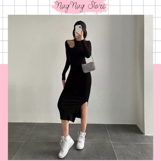 Váy body khoét vai form dáng dài ôm sát Nagnagstore chất vải len tăm co giãn - mềm mại - dày dặn phong cách hàn quốc TL4