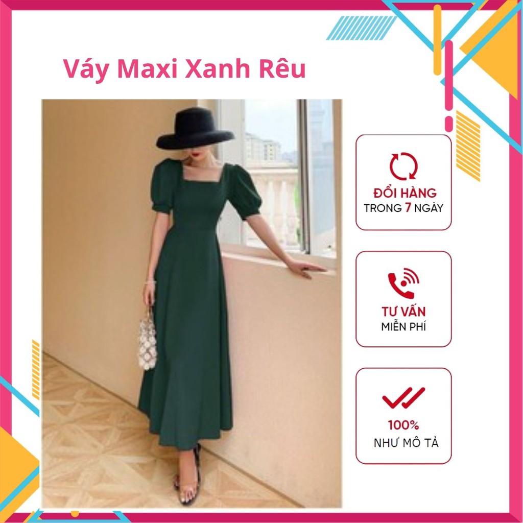 Váy Maxi Đi Biển Xòe Dài Cổ Vuông Tay Phồng Xanh Rêu - Đầm Maxi Du Lịch - Maxi Dress Dạ Hội Siêu Đẹp Siêu Sang | BigBuy360 - bigbuy360.vn