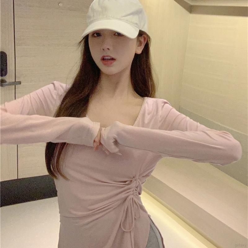 Áo thun tay dài cổ tròn màu sắc thời trang cho nữ