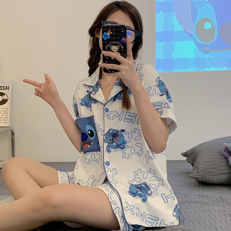 Bộ Đồ Ngủ Ngắn Tay Có Túi In Hình Stitch Hoạt Hình Dễ Thương