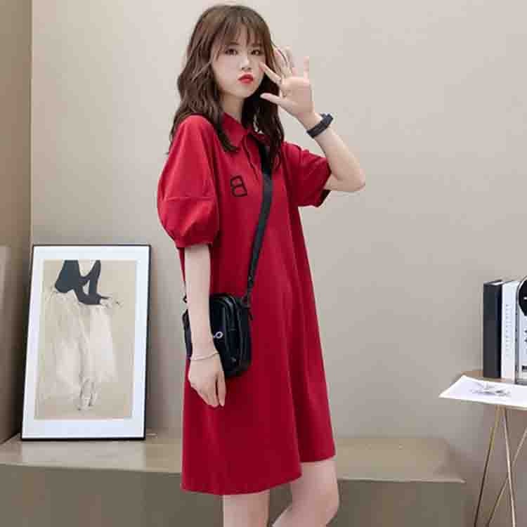 Đầm cotton dáng suông cổ sơ mi chữ B Váy thun tay bồng đỏ đen