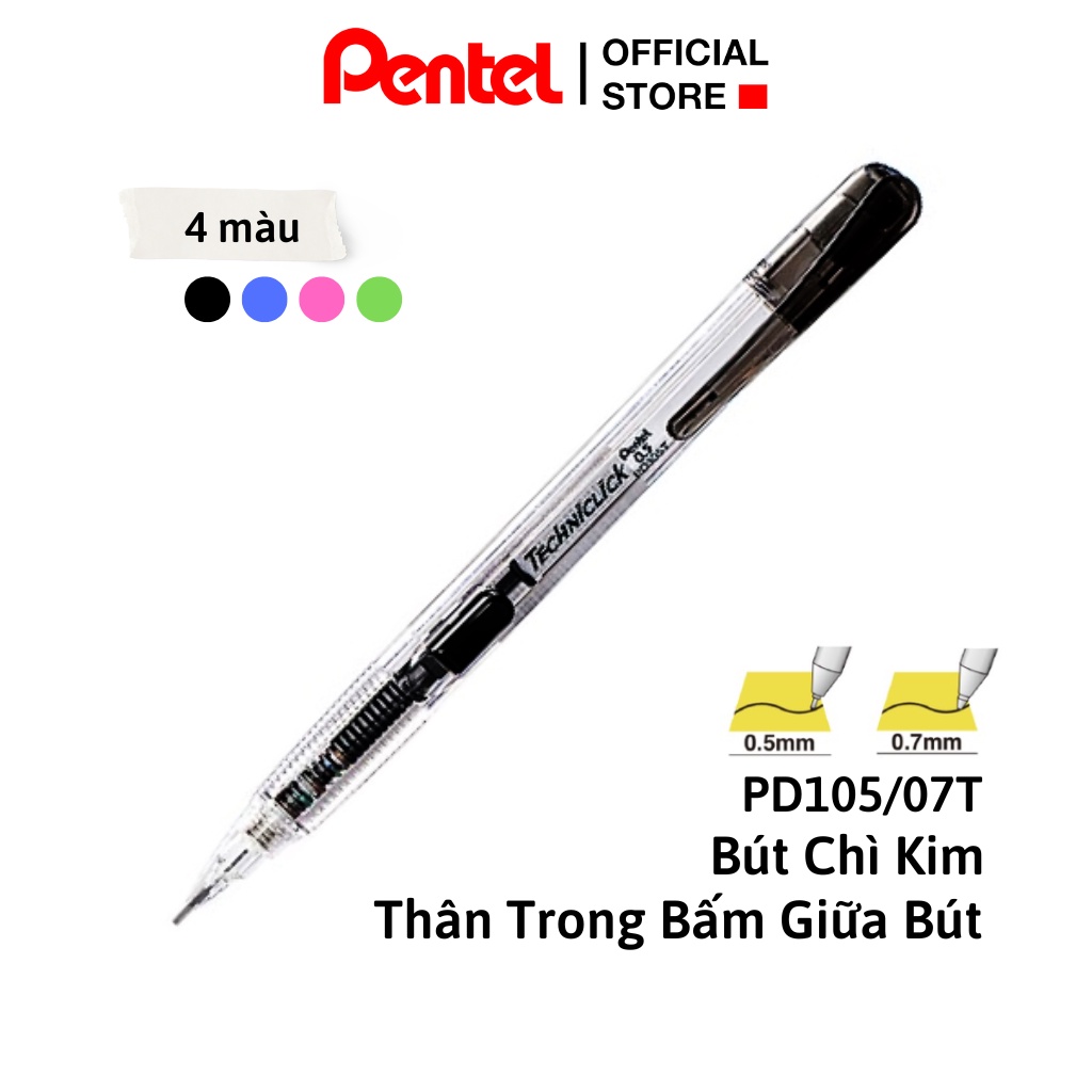 Bút Chì Kim Pentel Bấm Thân Giữa PD105T/ PD107T | Thiết Kế Thân Trong Đẹp Mắt | Nút Bấm Tiện Lợi