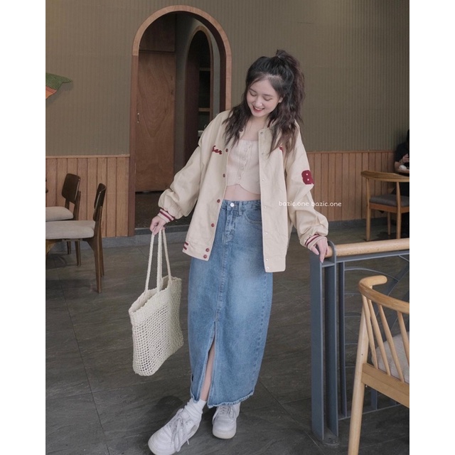 Áo khoác bomber kaki 2 lớp oversize thêu số, áo khoác bomber form rộng Bazic one