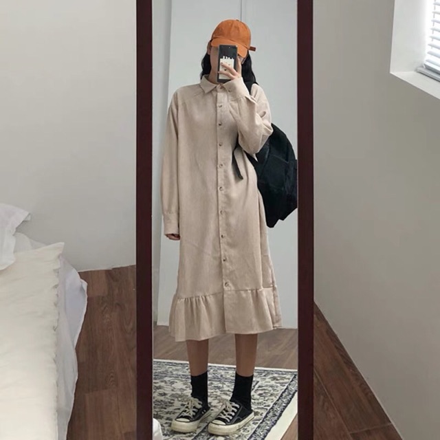 [ Sẵn ] Đầm ulzzang vải nhung cổ polo tay dài đuôi cá (có ảnh thật) | BigBuy360 - bigbuy360.vn