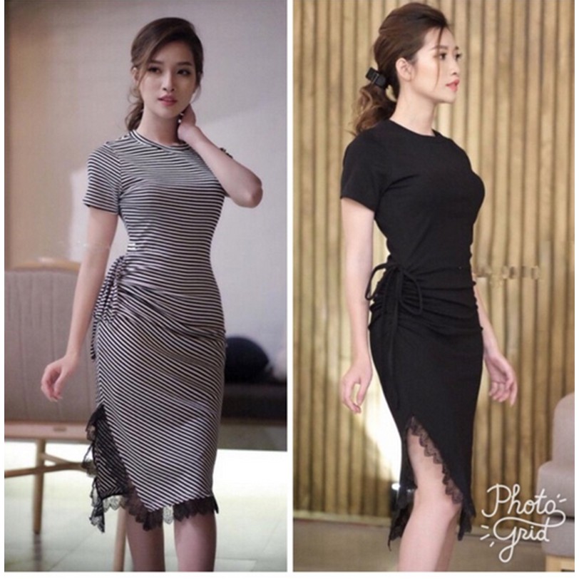 Đầm body sọc thắt nơ eo GAKD72395| Váy đầm bó thun gân phối ren đầm thắt nơ eo kiểu Hàn Quốc