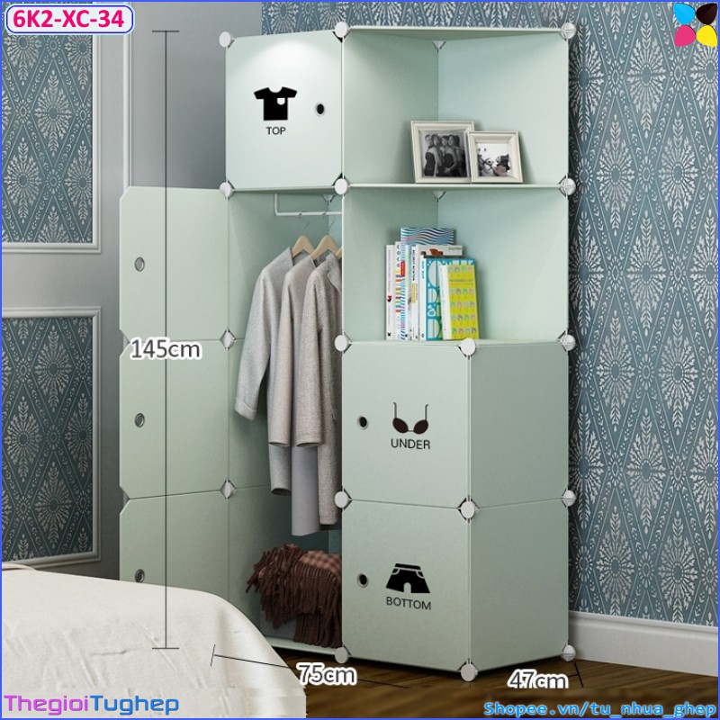 {NHIỀU LỰA CHỌN}Tủ nhựa lắp ghép 6 ô 2 kệ, nhiều màu, chọn theo phân loại (xanh cốm quần áo, xanh cốm mèo đen)