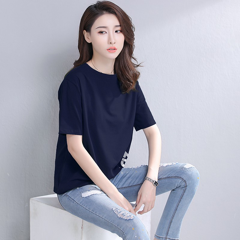 Dark blue color loose short-sleeved t-shirt women summer short-sleeved short-sleeved t-shirt women have a simple summer