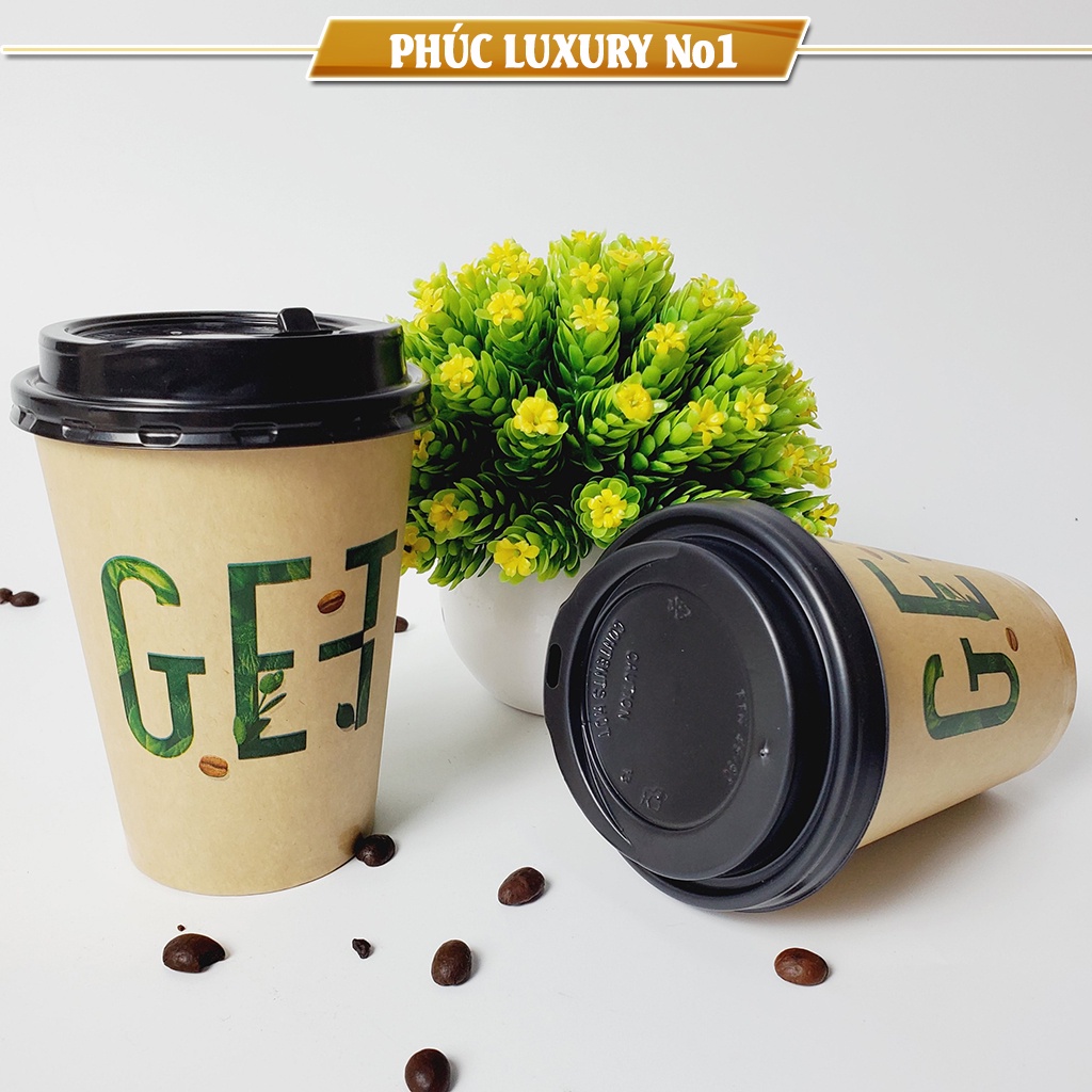 50 cốc giấy có nắp 360ml - 12oz chữ GET nâu