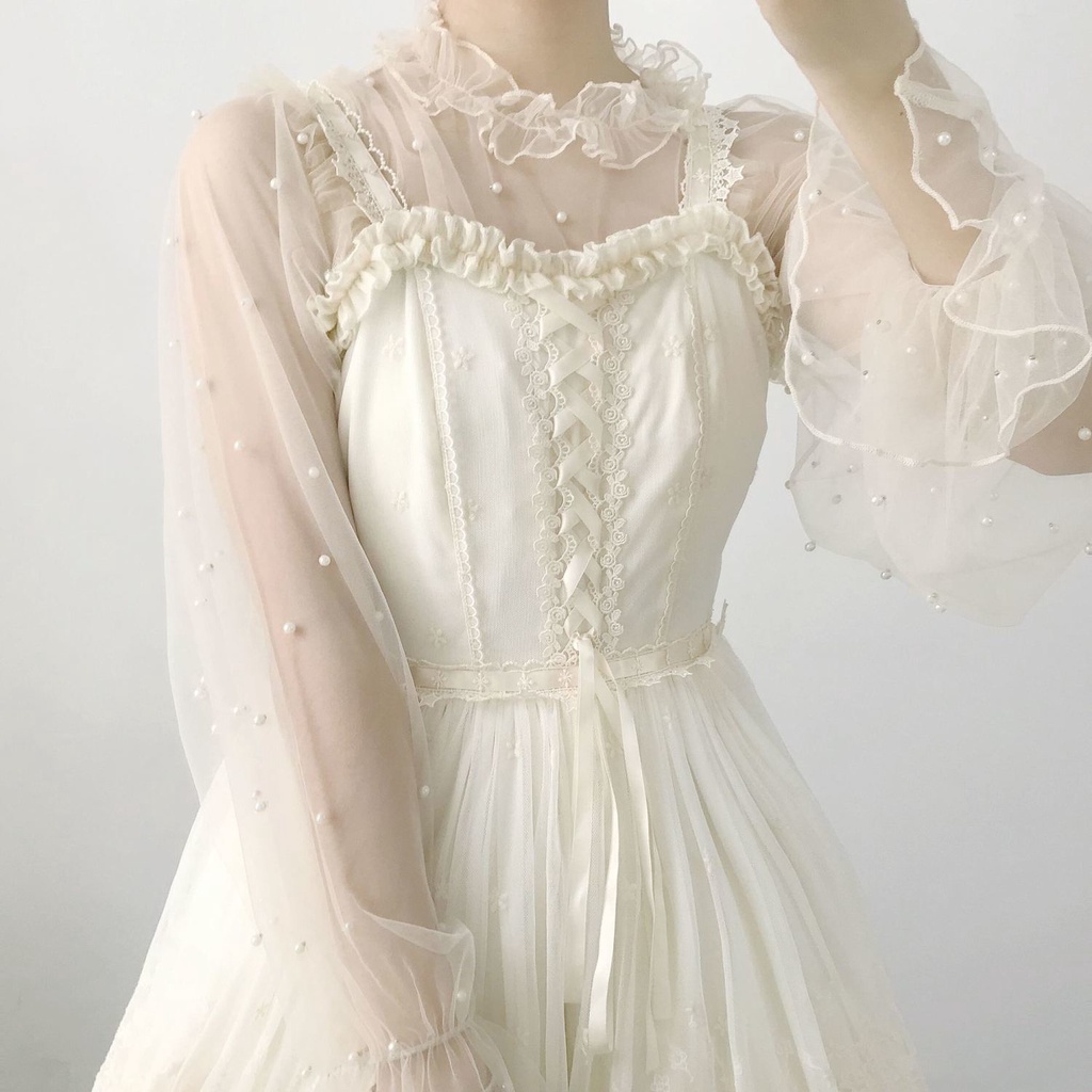 Áo Ren Lưới Tay Dài Đính Ngọc Trai Phong Cách Lolita Thời Trang Mùa Hè Ngọt Ngào Cho Nữ