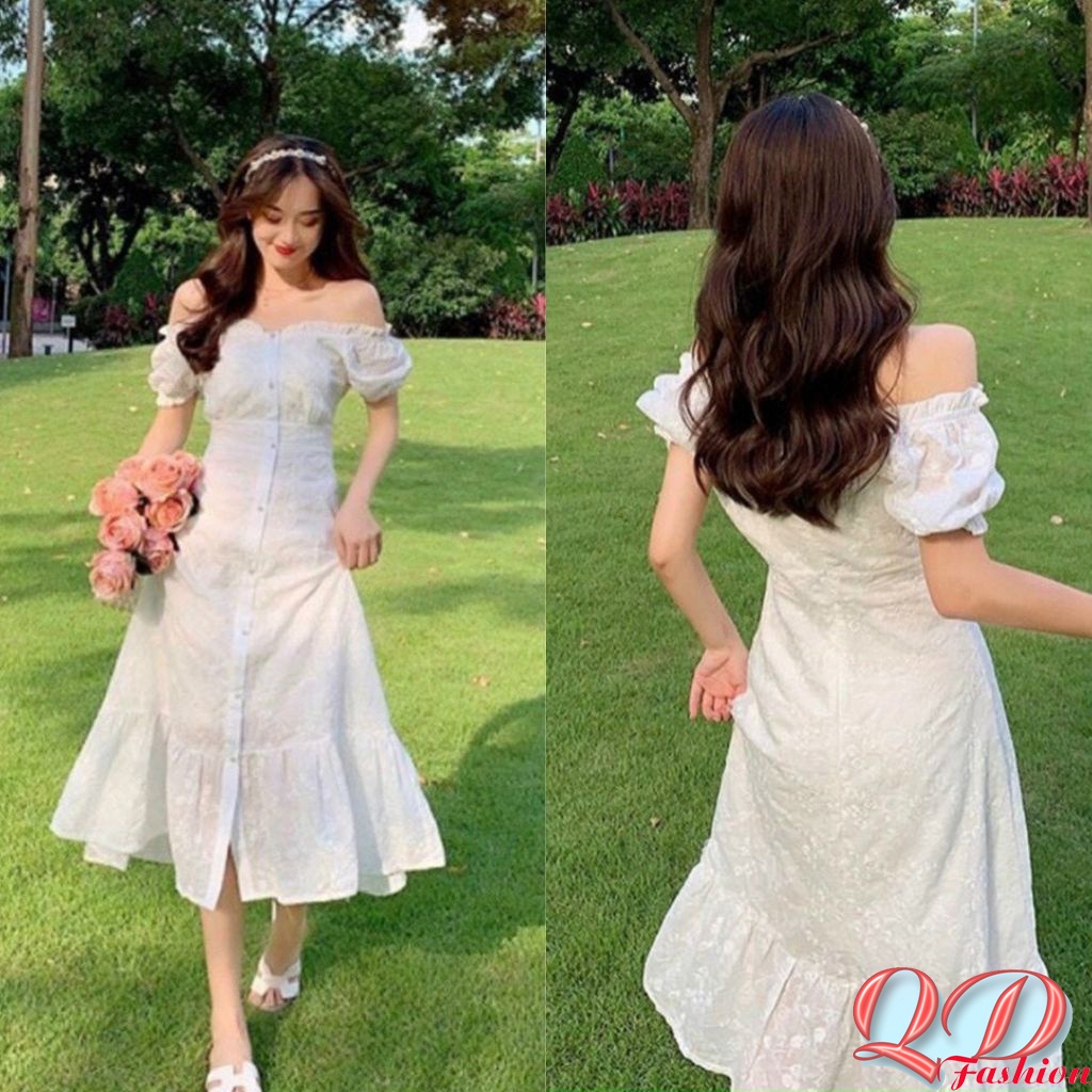 Đầm trễ vai trắng công chúa hoa nhí nổi Vintage trong sáng thuần khiết chất đẹp y....QD Fashion DT021 | BigBuy360 - bigbuy360.vn
