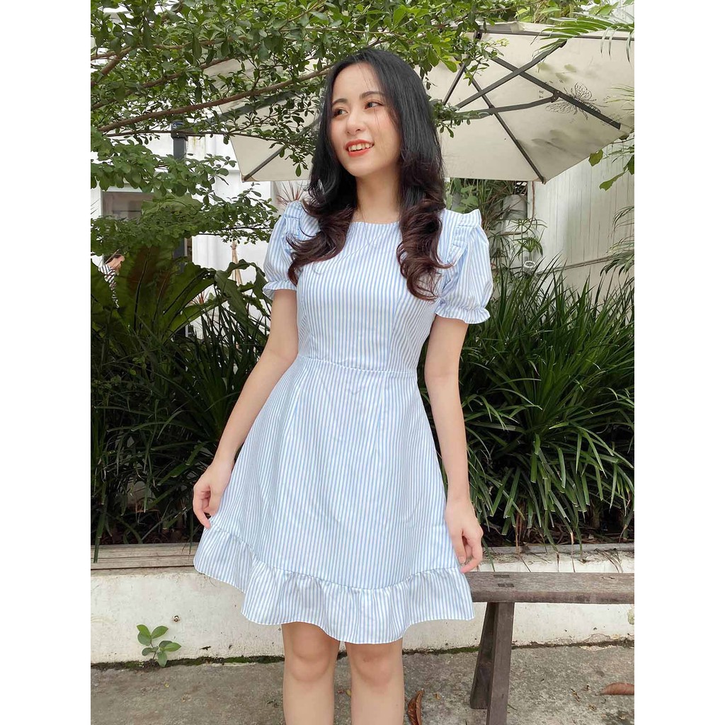 Đầm công sở nữ xanh dương dáng xòe mềm may 2 lớp thiết kế dễ thương dáng xòe tay ngắn thời trang công sở dự tiệc | BigBuy360 - bigbuy360.vn