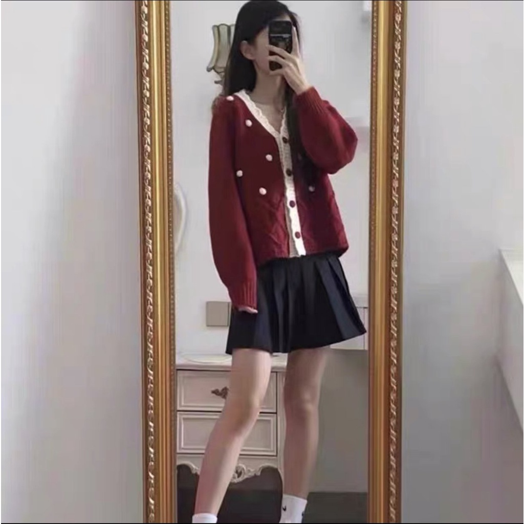 Áo Cardigan Len Lông Thỏ Nữ Đỏ Và Trắng Họa Tiết Chấm Bi Thời Trang
