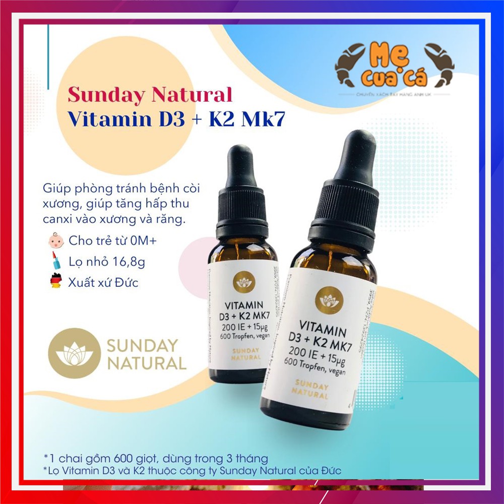 Vitamin D3 K2 Mk7 NATURAL Đức Cho Bé, Cho Trẻ Sơ Sinh Từ Sơ Sinh Đến 4 Tuổi Dạng Nước Uống 20ml