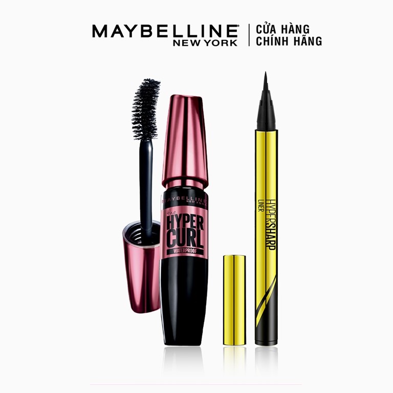 Bộ trang điểm Mascara Dài mi Cong Mi Hyper Curl &amp; Bút kẻ mắt siêu sắc mảnh không lem, trôi HyperSharp Maybeline New York