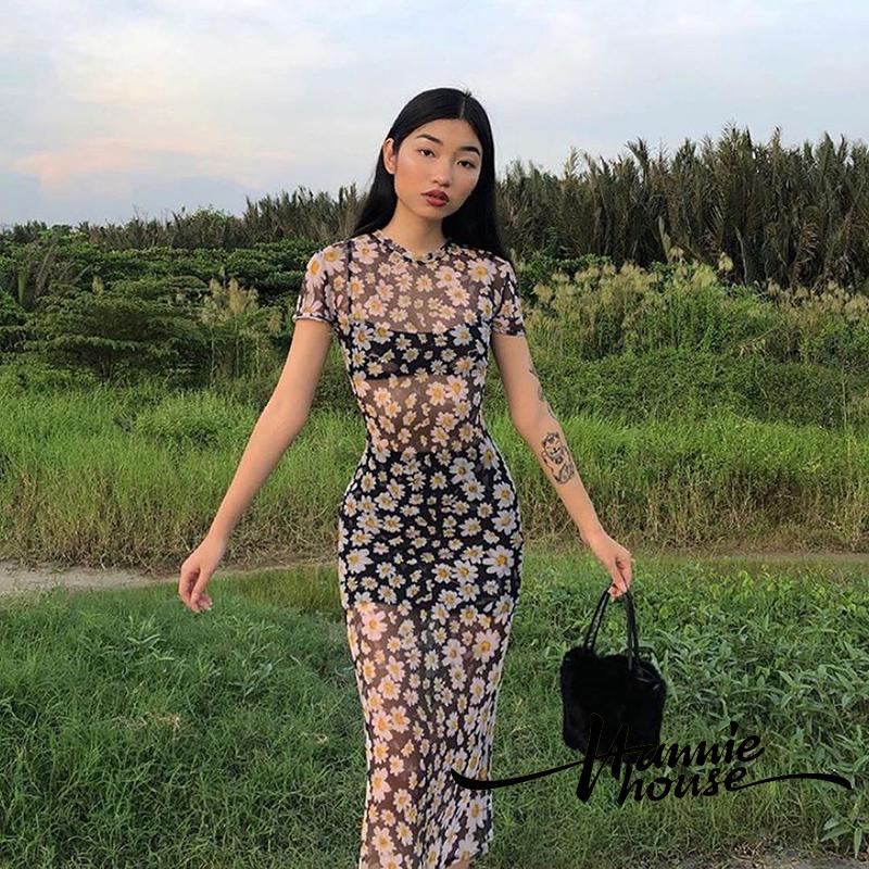 Đầm tay ngắn phối vải lưới họa tiết hoa nhỏ quyến rũ thời trang dành cho nữ