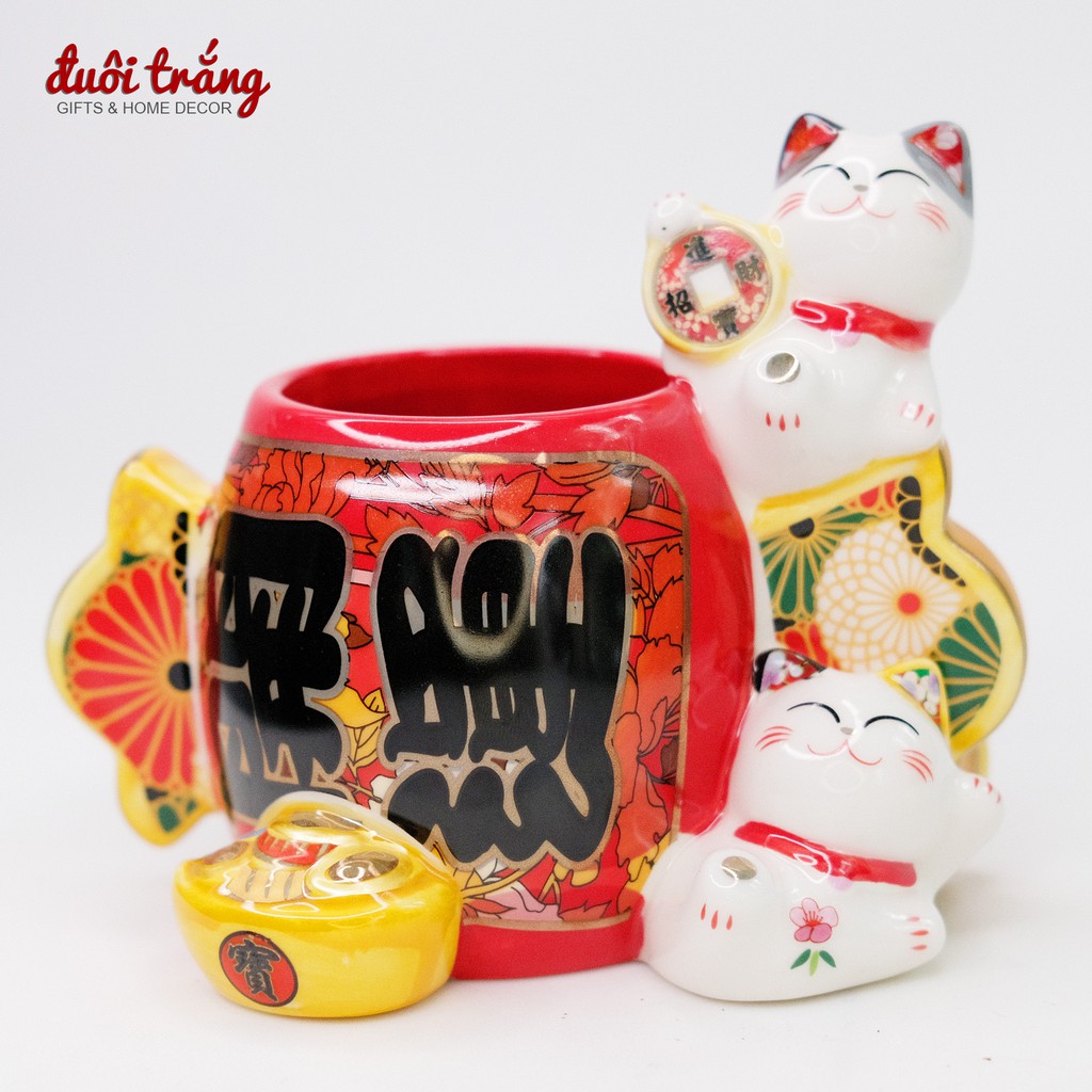 Cốc đựng Bút Mèo Thần tài 13cm - Cốc chữ Khai Vận