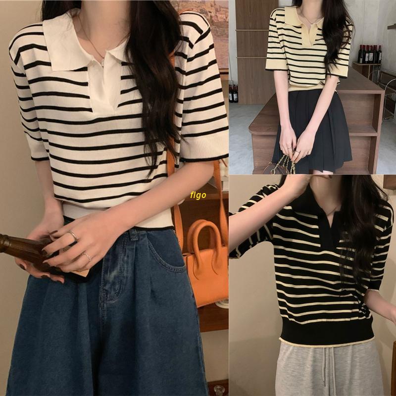Áo Thun Croptop Dệt Kim Tay Lỡ Cổ Chữ V Họa Tiết Kẻ Sọc Màu Sắc Tương Phản Cổ Điển Cho Nữ