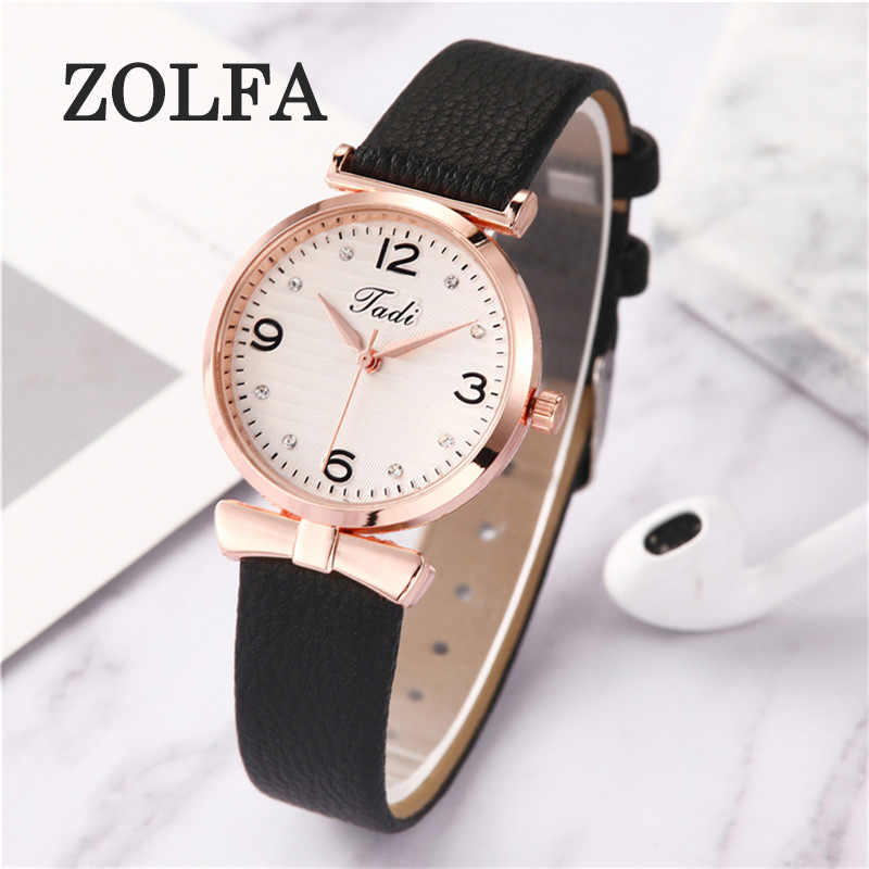 ZOLFA Classic Black Rhinestone Womens Leather Watches Elegant White Simple Ladies Quartz Wrist Watch Analog Clocks Women Gift Watches Đồng hồ nữ