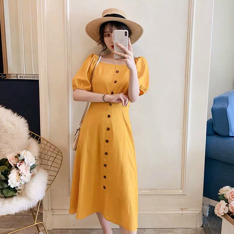 Đầm Von Hàn Quốc Cổ Vuông Sâu Tay Ngắn Phối In Nút Giả Dễ Thương TTSA1491