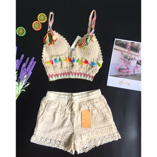 Bộ len móc đi biển ( trắng và kem)