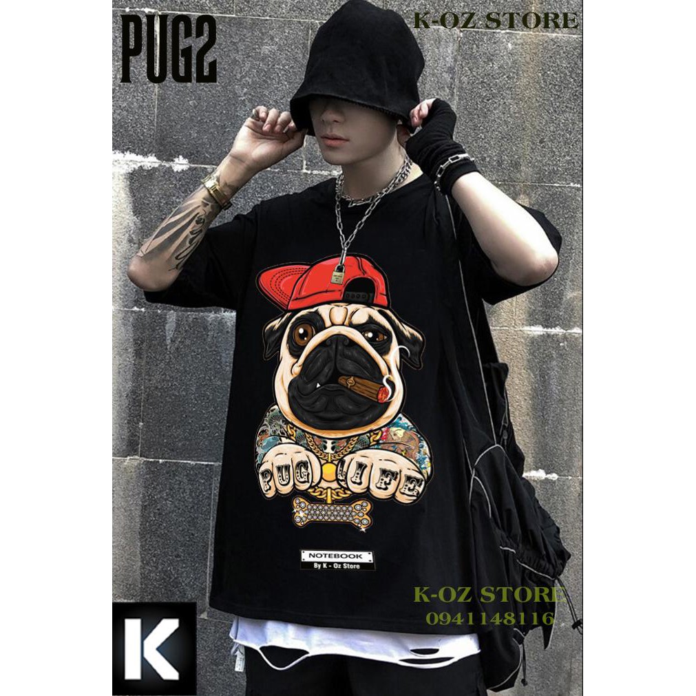 Áo thun chó tay lỡ PUG2 OVERSIZE UNISEX (2 Màu ĐEN-TRẮNG)