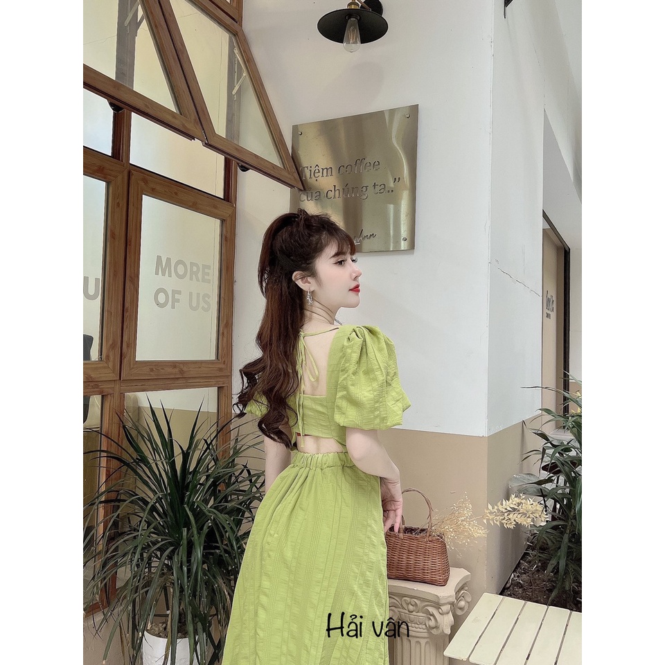 Váy Khoét Lưng Thắt Nơ Cổ, Đầm Tay Phồng Dáng Xòe Thiết Kế 2 Lớp Có 3 Màu Trắng, Hồng, Xanh Cốm