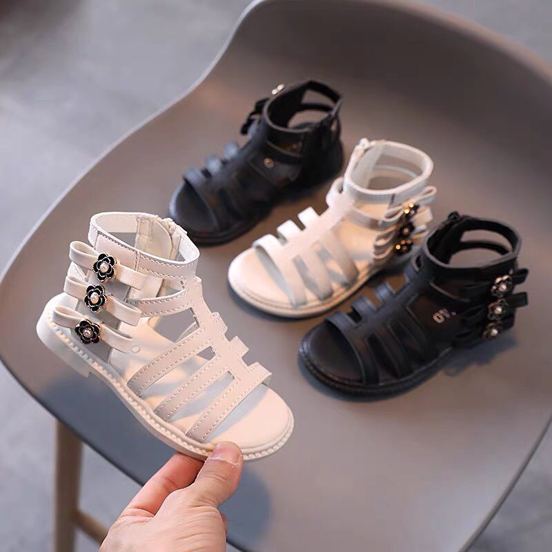 Sandal chiến binh bé gái - dép cho bé cao cổ có khóa kéo đính nơ hoa đế chống trượt đi mùa hè Babybees 516