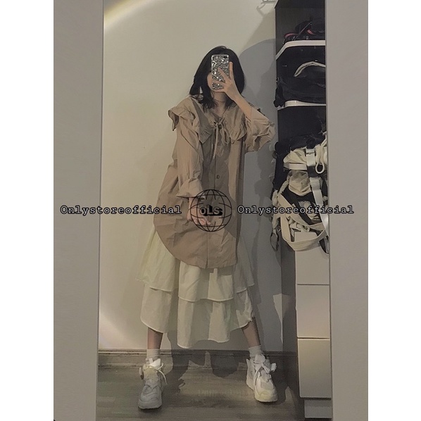 Áo sơ mi kiểu nâu đậm và chân váy 2 tầng be, nhận hàng có vấn đề liên hệ shop trước khi đánh giá