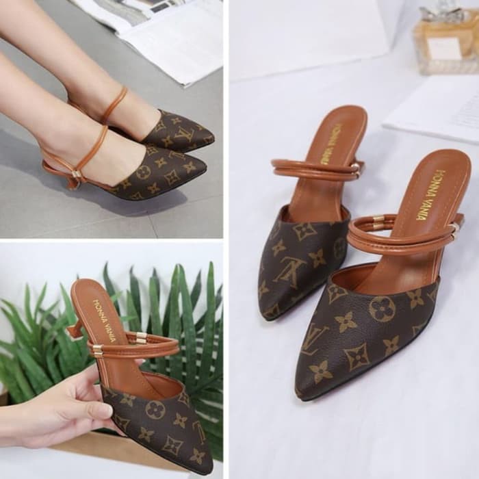 Giày sandal cao gót 1230KM đế xuồng chống thấm nước họa tiết hoa F05 Tan / nâu