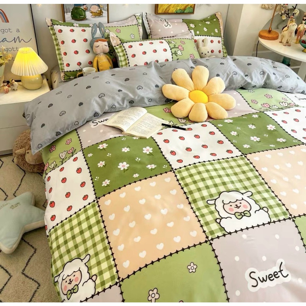 Bộ chăn ga gối Cotton Poly Vanda nhập khẩu họa tiết Hoa lá Miễn Phí bo chun drap giường