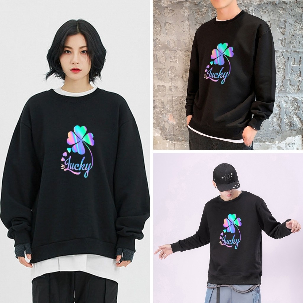 Áo Sweater nỉ phản quang in hình thời trang Unisex form rộng dài tay 4 lá AS46 Lotus nam nữ Oversize phong cách Hàn Quốc