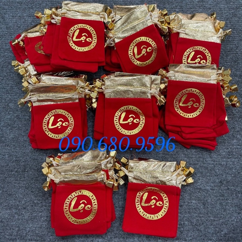 Combo 100 Túi Gấm Đỏ Nhung In Chữ Phúc Lộc Thư Pháp Phong Thuỷ Rất Đẹp