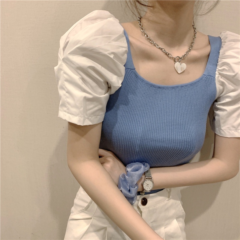 Áo thun ZHELIHANGFEI tay ngắn phồng cổ vuông phong cách phương Tây thời trang mùa hè cho nữ