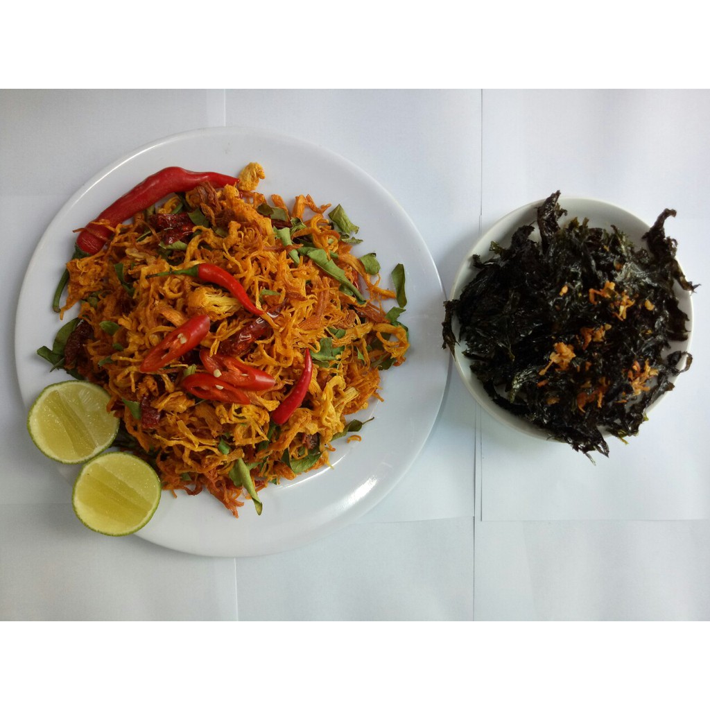 COMBO 1KG KHÔ GÀ LÁ CHANH + 1 HŨ RONG BIỂN CHÁY TỎI