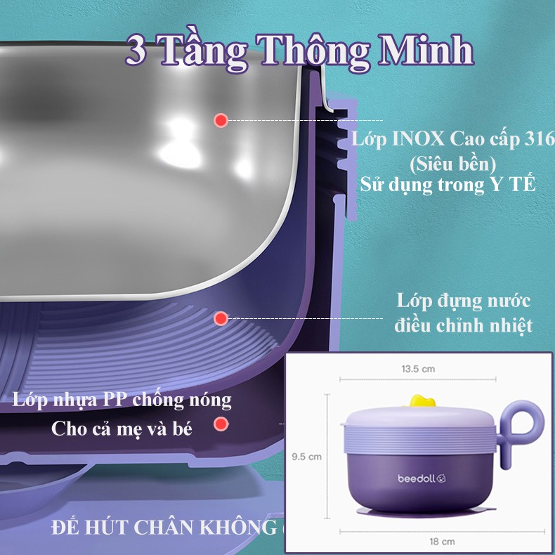 Bát ăn dặm giữ nhiệt 3 lớp Beedol cao cấp cho bé, chống nóng, chống đổ (Ruột INOX 316) CBME