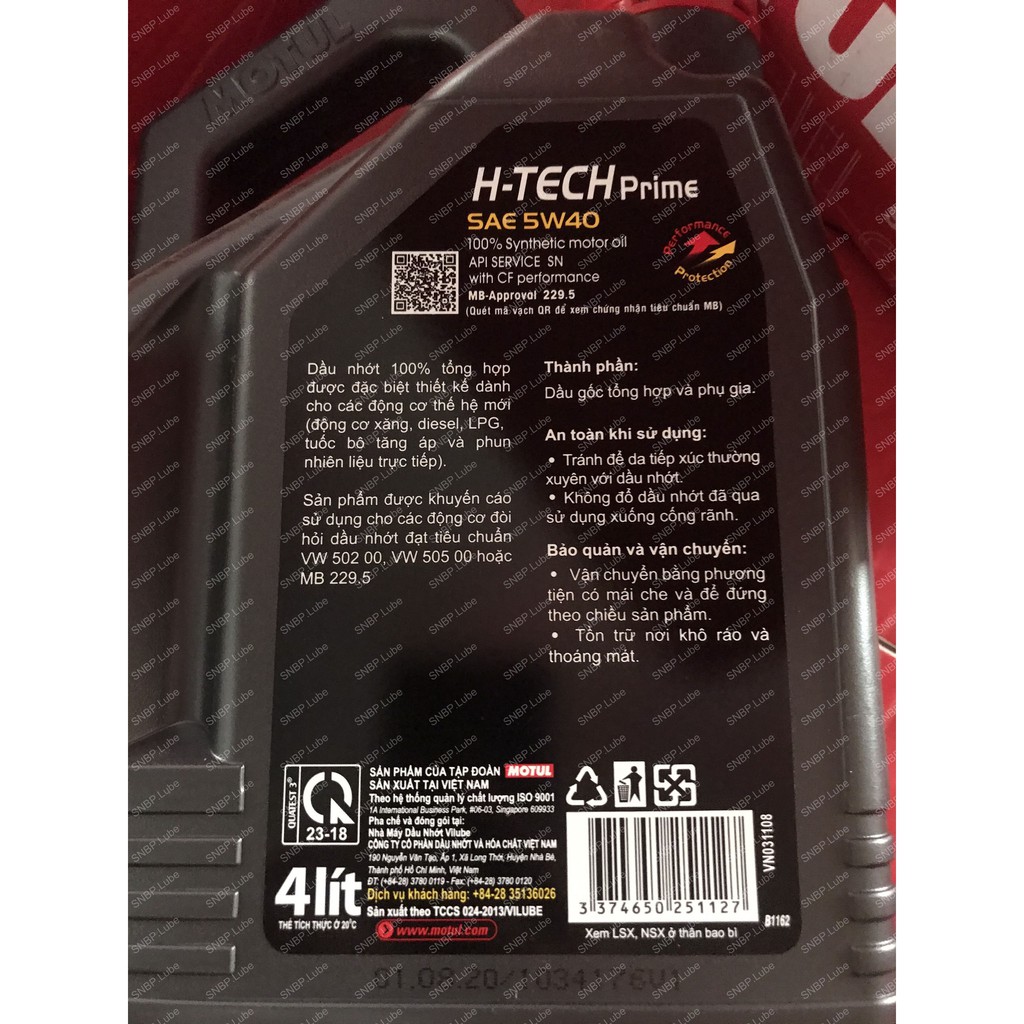 Dầu nhớt motul H-TECH prime 5W40 SN/CF 4L ô tô xe tay ga tổng hợp máy xăng và máy dầu