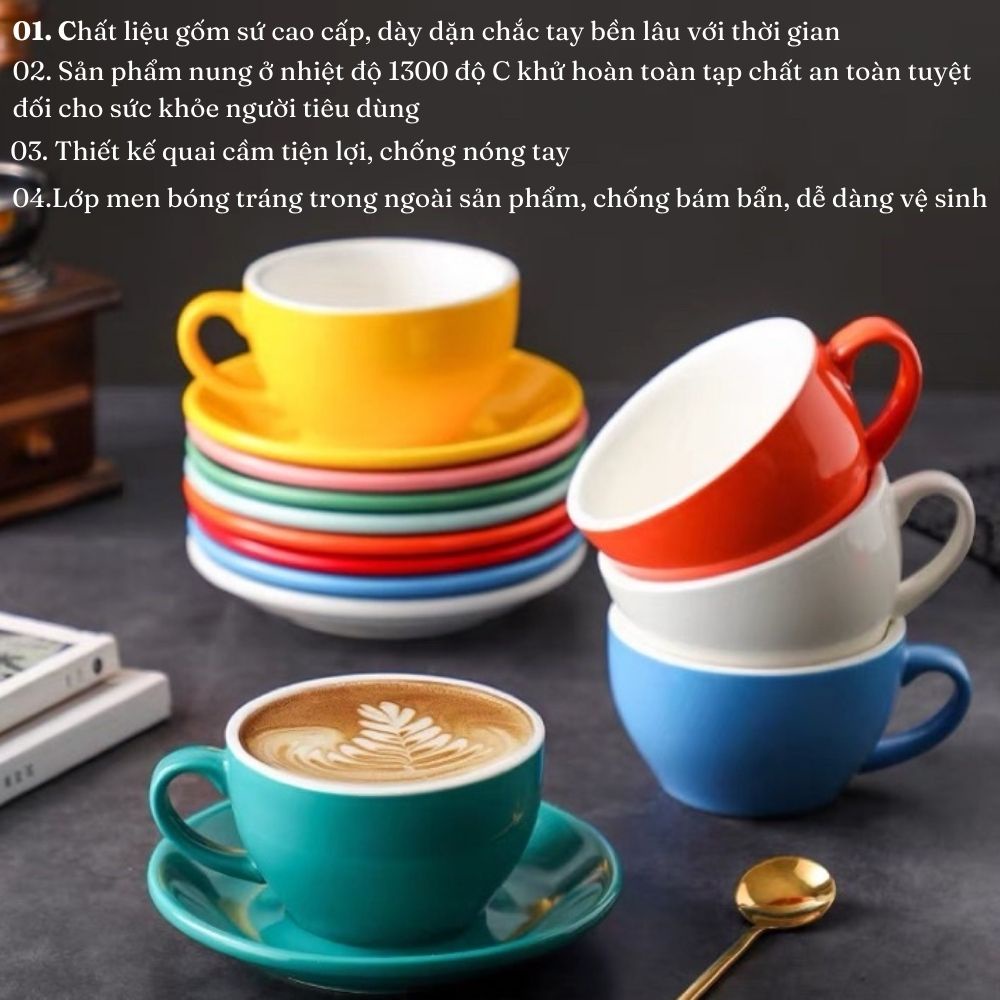 Ly Cà Phê Tách Cafe Capuchino 220ml Dáng Thấp Gốm Sứ Bát Tràng Cao Cấp nhiều màu