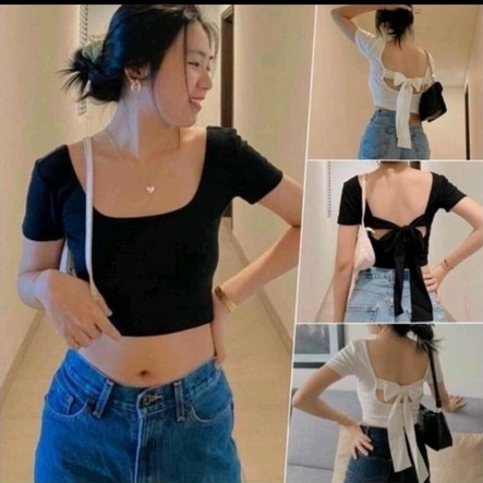 [ Chuyên Sỉ ] Áo Croptop tay ngắn cột nơ sau siêu xinh - chất thun coton mềm mịn co dãn tốt