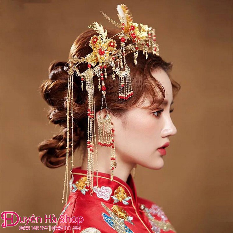 Trâm cài tóc phong cách cổ trang hoa vàng nhị đỏ