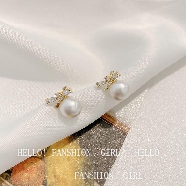 Bông tai hình nơ đính đá Zircon phối ngọc trai nhân tạo phong cách châu Âu thời trang mùa hè cho nữ