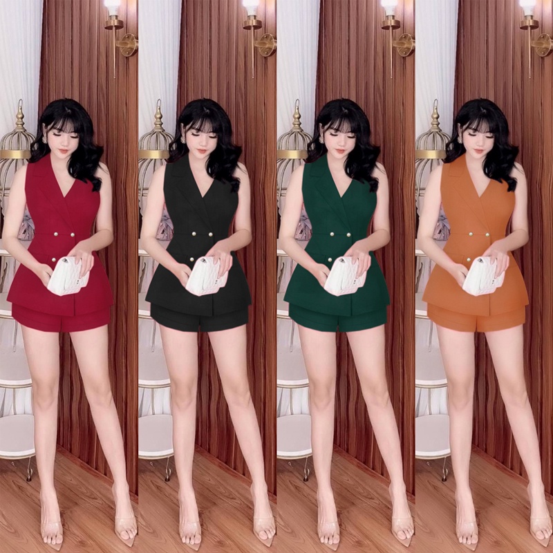 Set vest quần short áo vest cộc tay phối 4 nút xinh xắn TJ1157