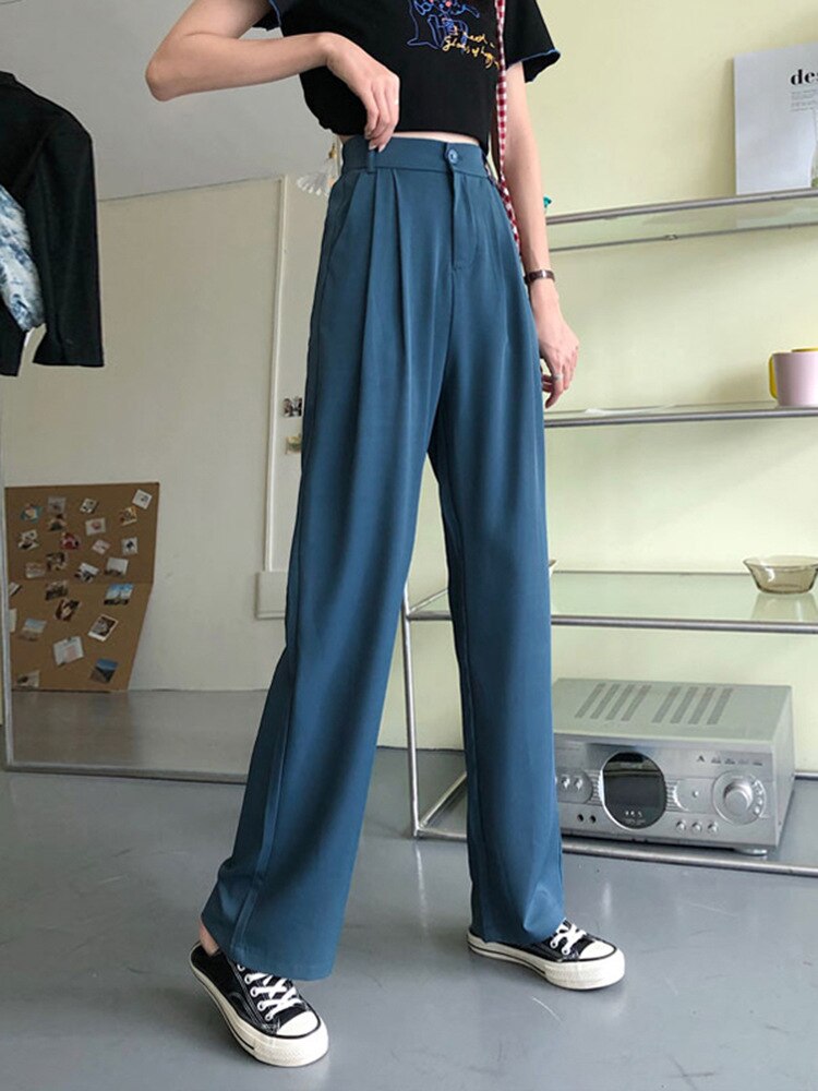 New Women Casual Basic Long Wide leg Pant Trousers Elastic Suit Solid Plus Size S~4XL