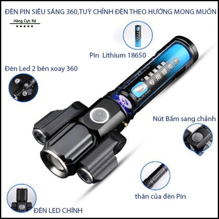 Đèn Pin Cầm Tay 3 Bóng Siêu Sáng Xoay 360 Độ - 4 Chế Độ Ánh Sáng