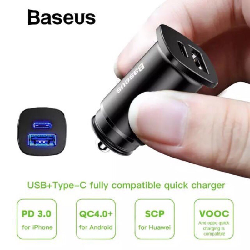 Tẩu sạc nhanh baseus nhỏ gọn có 2 cổng sạc USB hoặc Type C + 2 USB